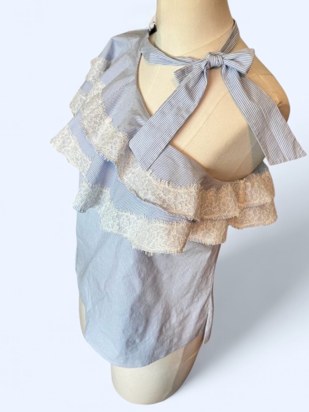 Veronica Beard Blue Stripe Lace-Trim one shoulder ruffled asymmetric top tie